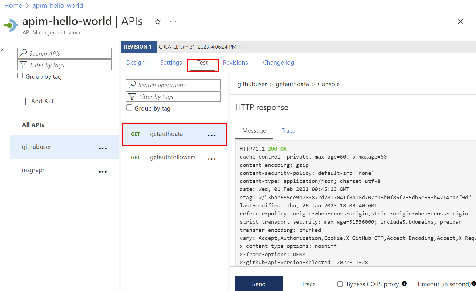 Screenshot of testing the API successfully in the portal.