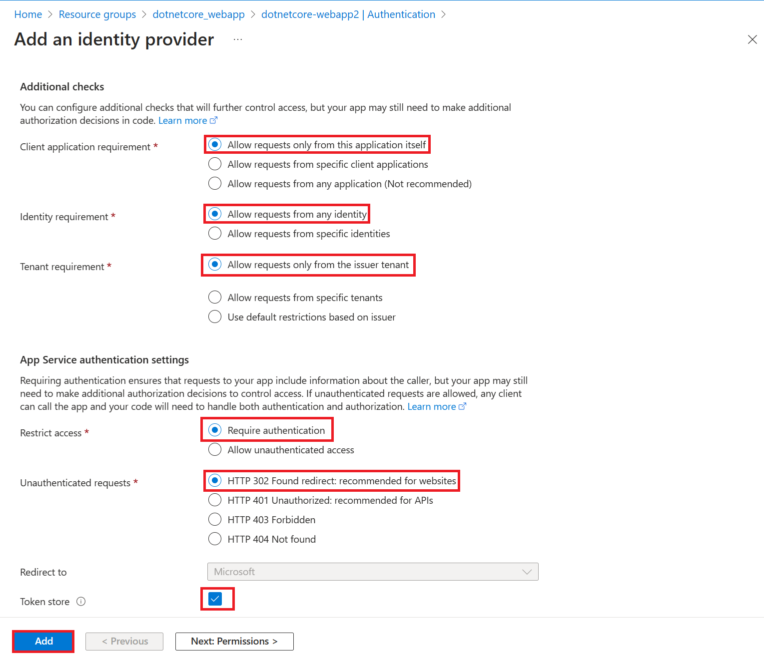 Screenshot that shows the Additional checks and authentication settings sections.