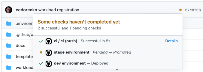 Screenshot showing git commit status deploying to dev.