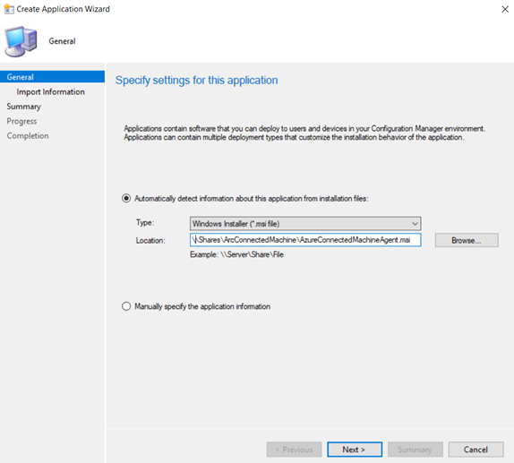 Screenshot of the Create Application Wizard in Configuration Manager.