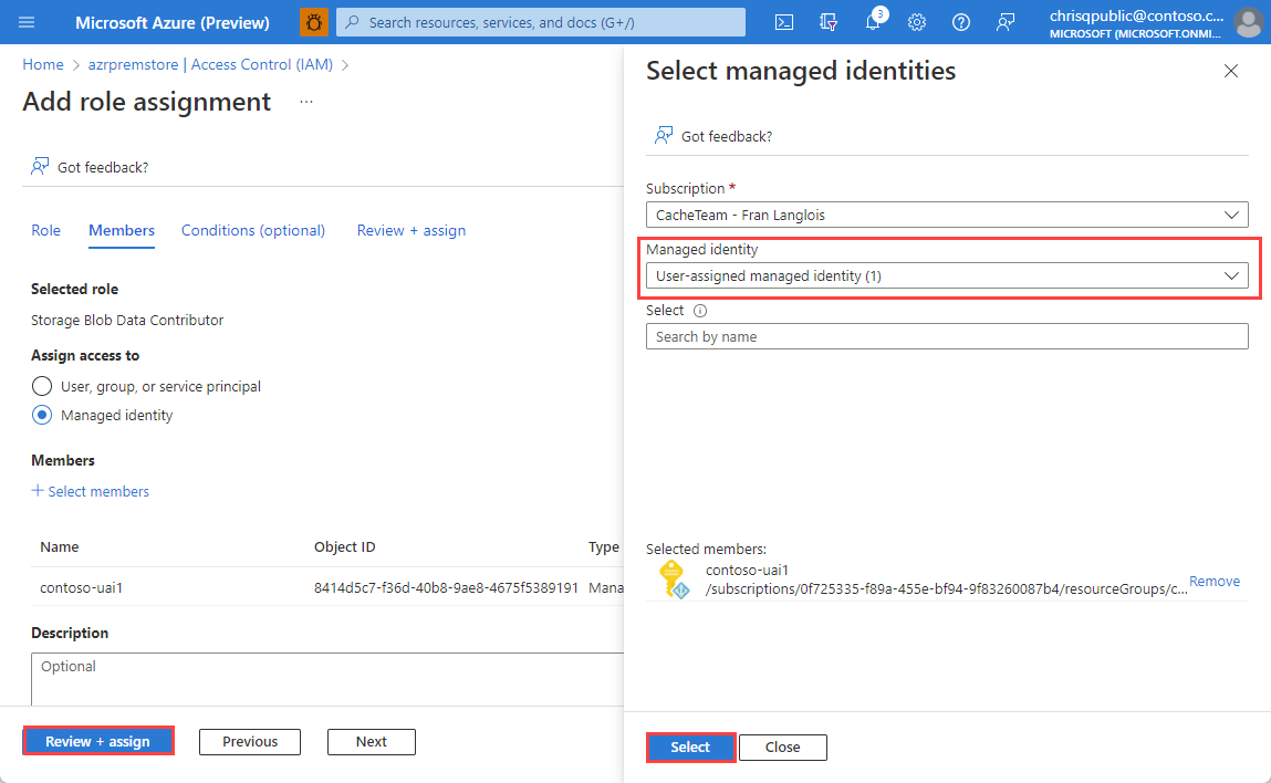 Screenshot showing Managed Identity form with User-assigned managed identity indicated.