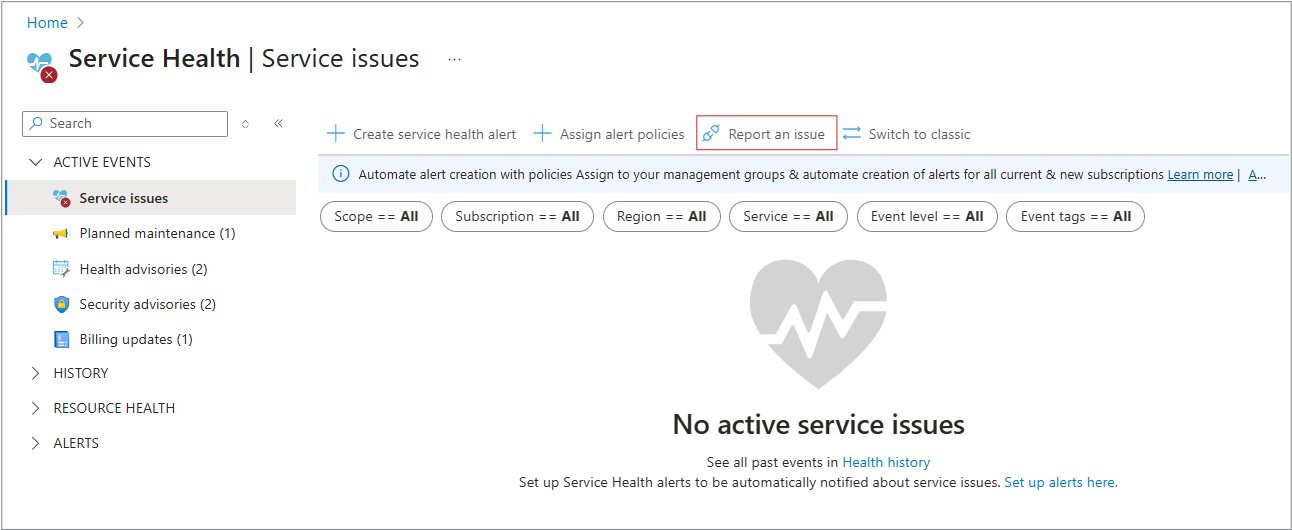 Screenshot that shows reporting an issue.