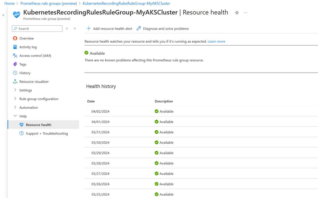 Screenshot that shows how to view the resource health history of a Prometheus rule group.