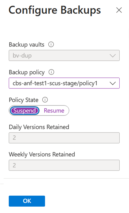 Screenshot of a backup with a suspended policy.