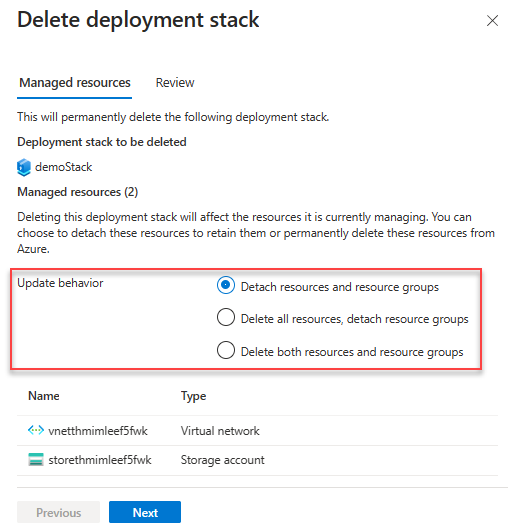 Screenshot of update behavior (delete flags) for deleting resource group scope deployment stacks.