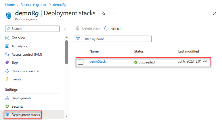 Screenshot of listing deployment stacks at the resource group scope.