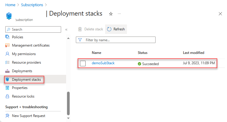 Screenshot of listing deployment stacks at the subscription scope.