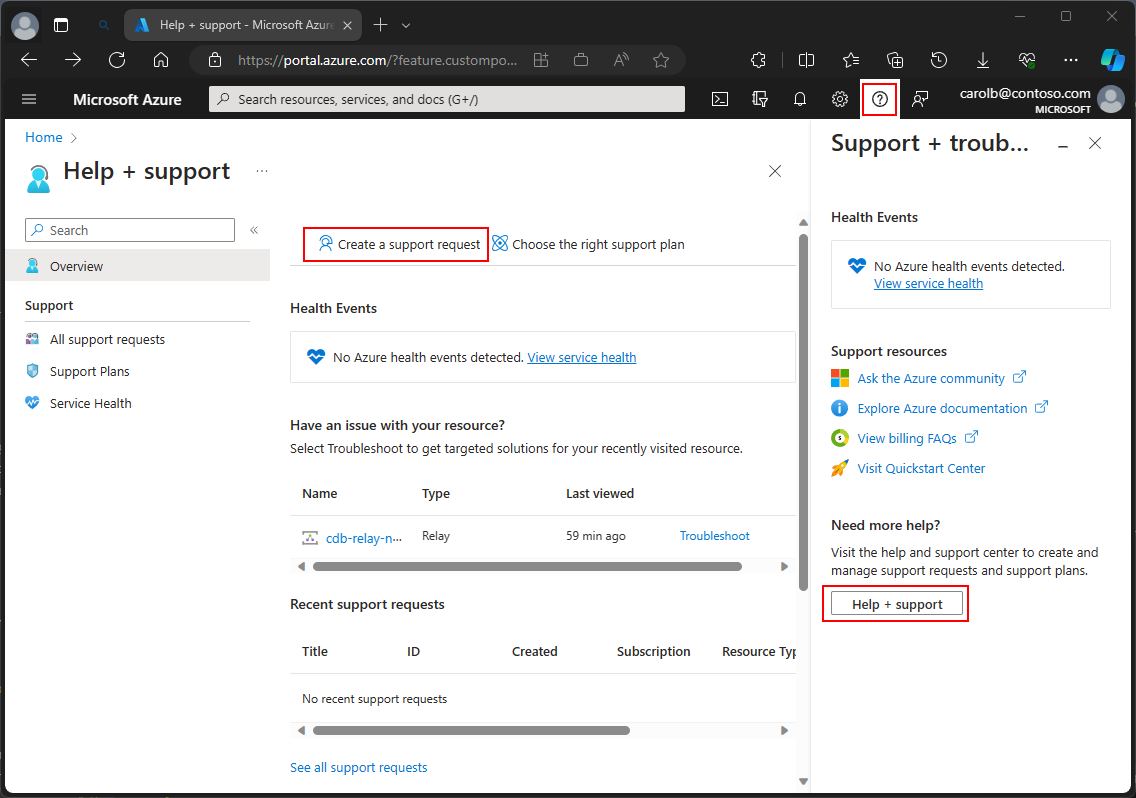Screenshot of creating a support ticket in the Azure portal.