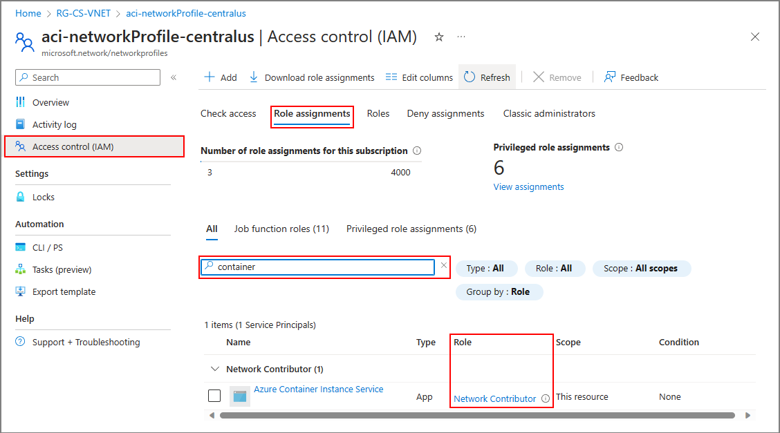 Screenshot showing the network profiles role assignments.
