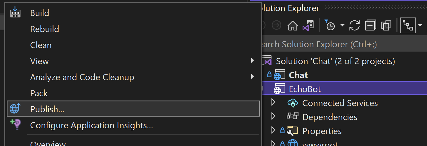 Screenshot that shows publishing your web app from Visual Studio.