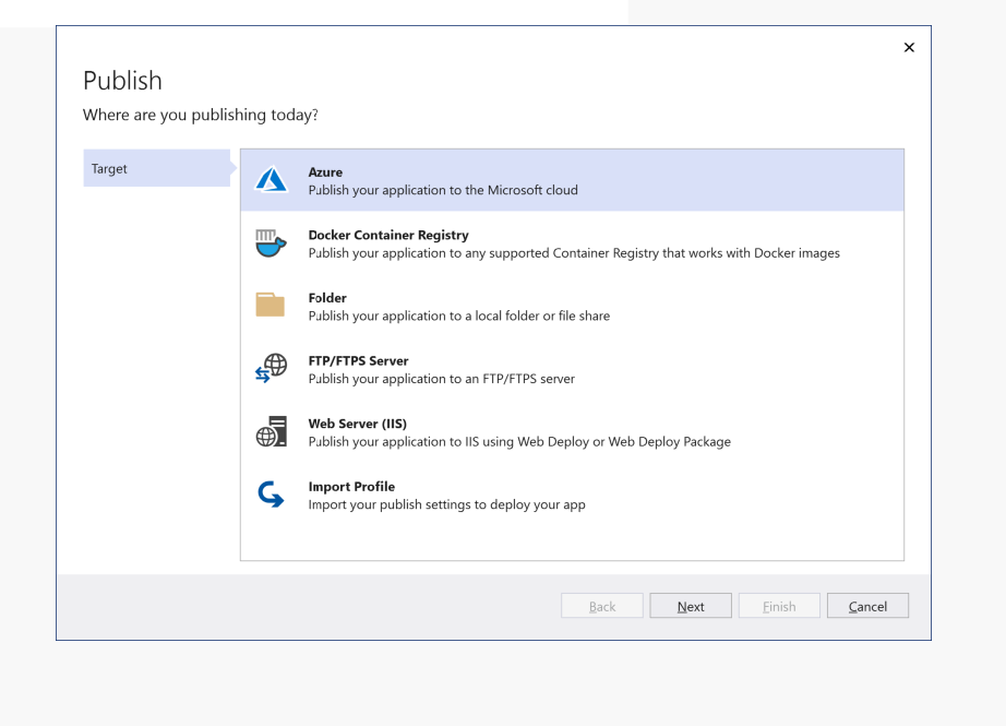 Screenshot that shows how to select Azure as target in a new publishing profile.