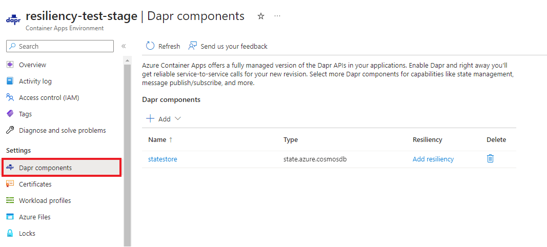 Screenshot showing where to access the Dapr components associated with your container app.