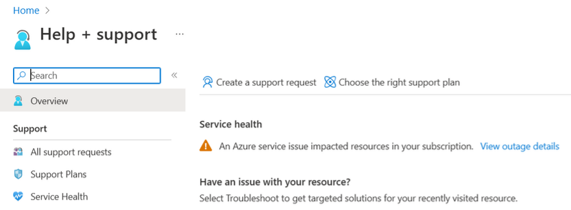 Diagram that shows the example of Help + support on Azure portal.