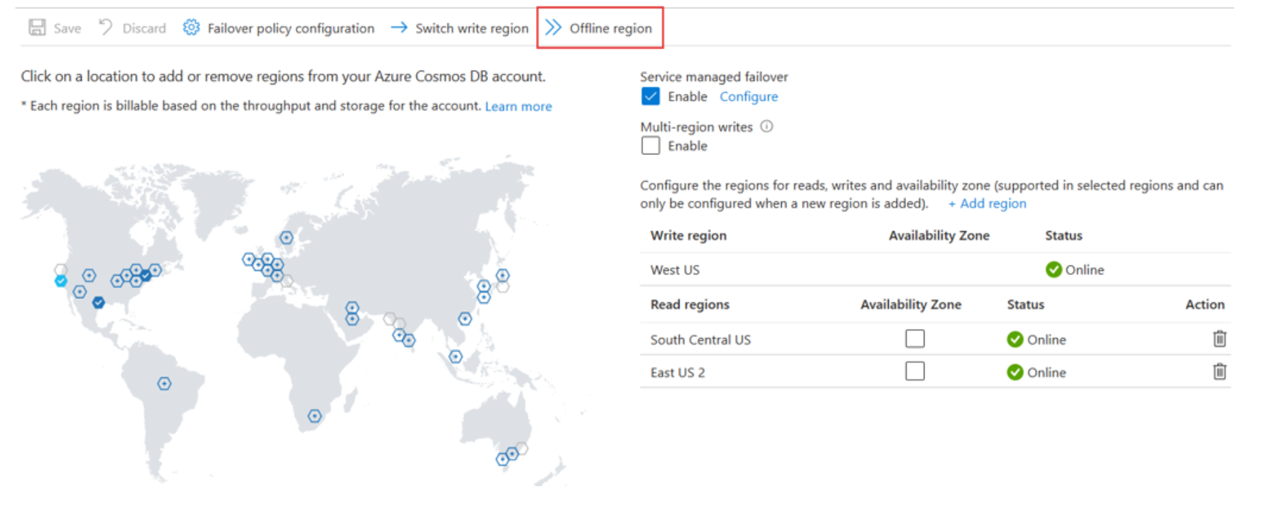 Diagram that shows the example of Offline Region operation in Azure portal.