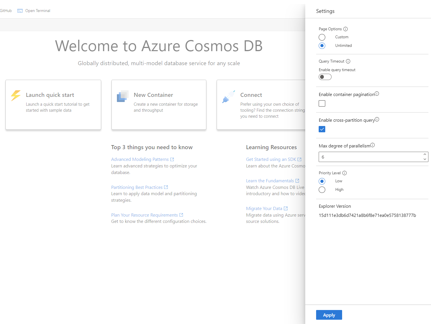 Screenshot of priority levels in Data explorer of an Azure Cosmos DB account.