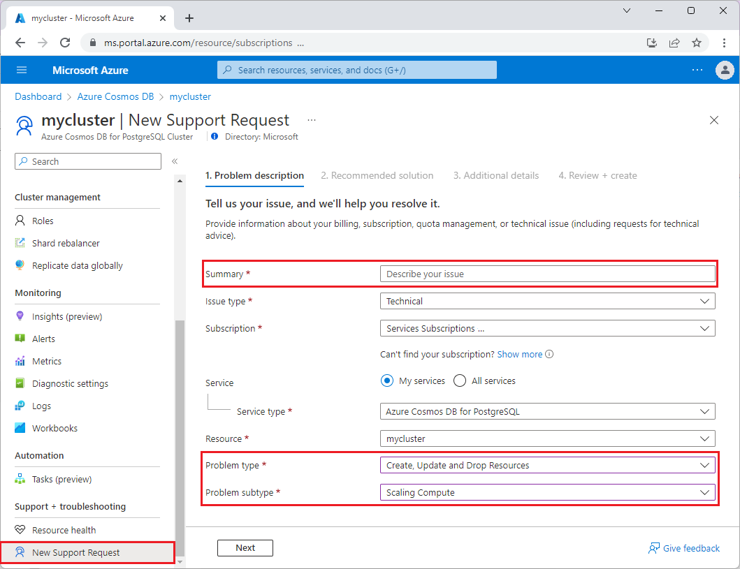 Screenshot that shows a support request in the Azure portal.