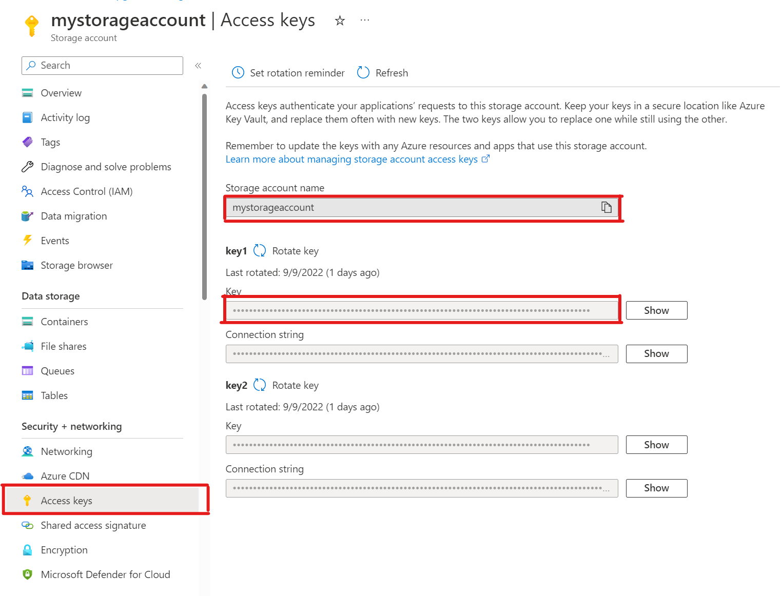 Screenshot of Security + networking > Access keys section of an Azure Blob Storage page in the Azure portal.