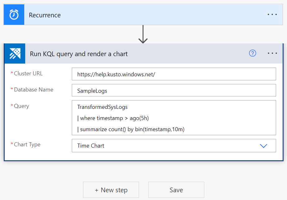 Screenshot of Azure Data Explorer connector, showing the Run KQL query and render a chart action.