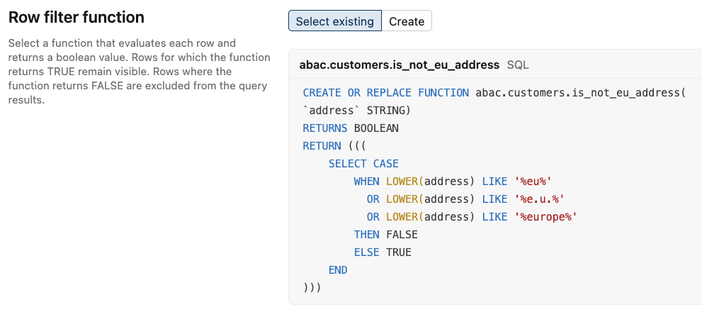 Example ABAC row filter policy settings for the Row filter function section.