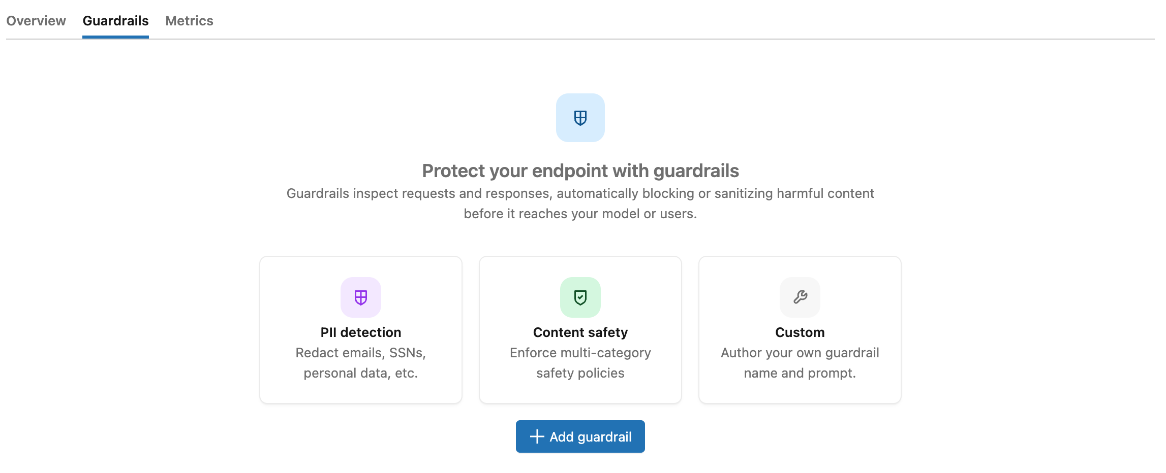 Guardrails tab on an AI Gateway endpoint, empty state showing the Add guardrail button and template tiles.