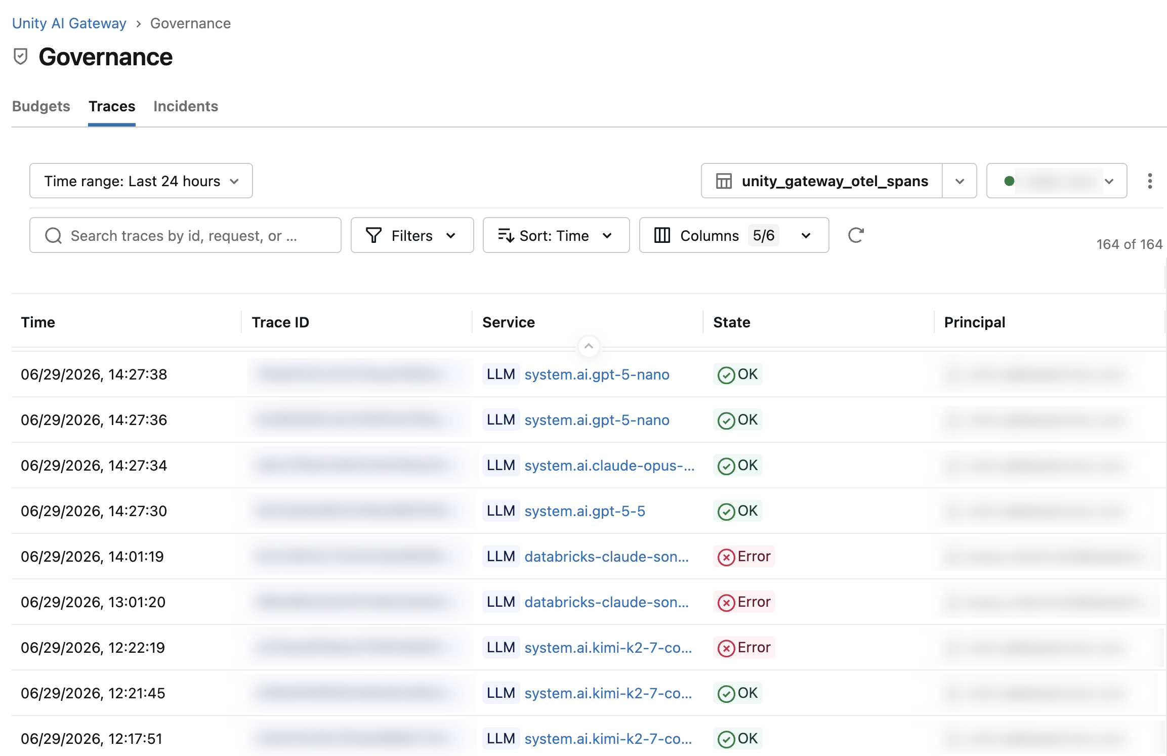 Traces tab with search, time range, and filter controls