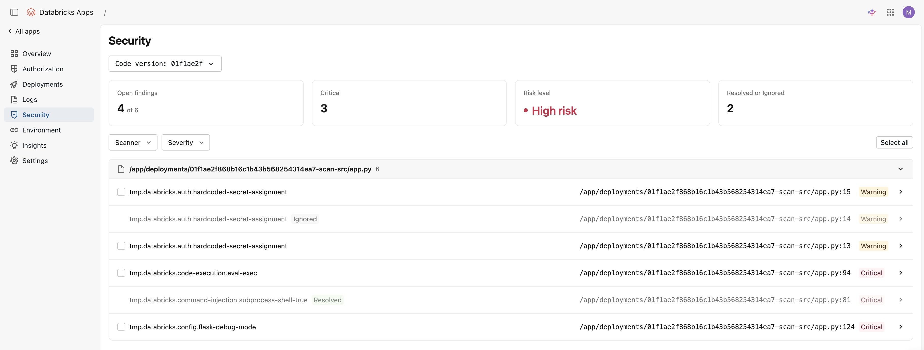 The Security page for a Databricks app, showing the findings summary and findings grouped by file