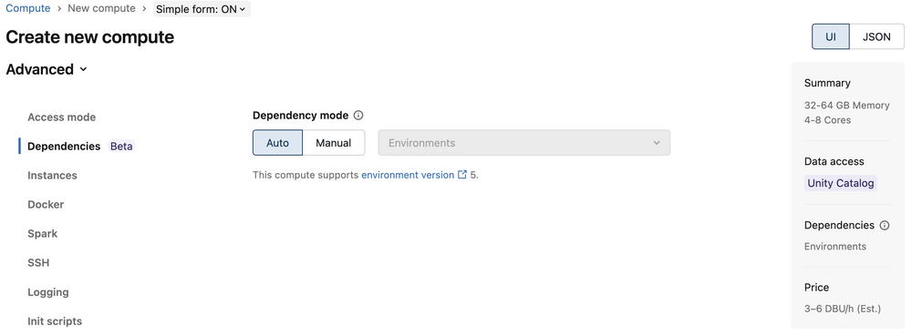 The Dependencies tab in the Advanced section of the compute creation form, with Dependency mode set to Auto and resolving to Environments.