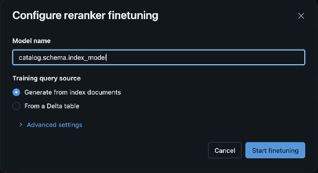 Configure reranker finetuning dialog