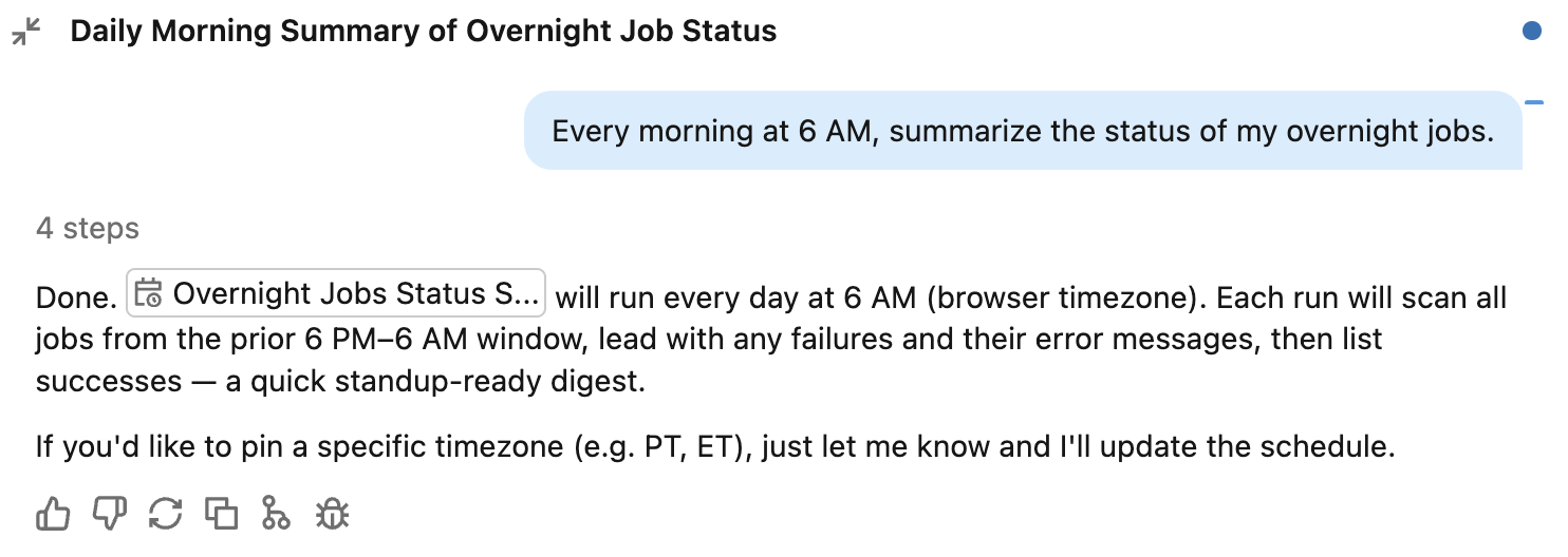Genie Code confirming a scheduled task created from a natural-language prompt in chat.