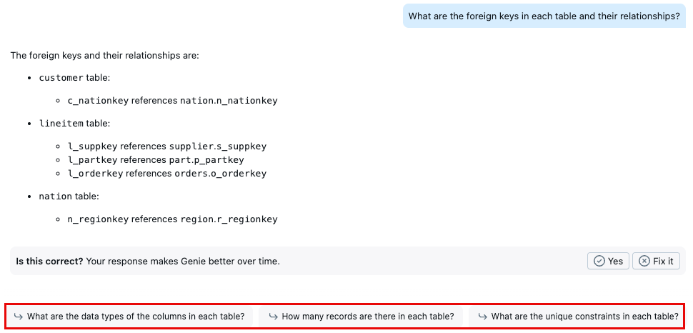 Follow-up questions are suggested for a text-based response