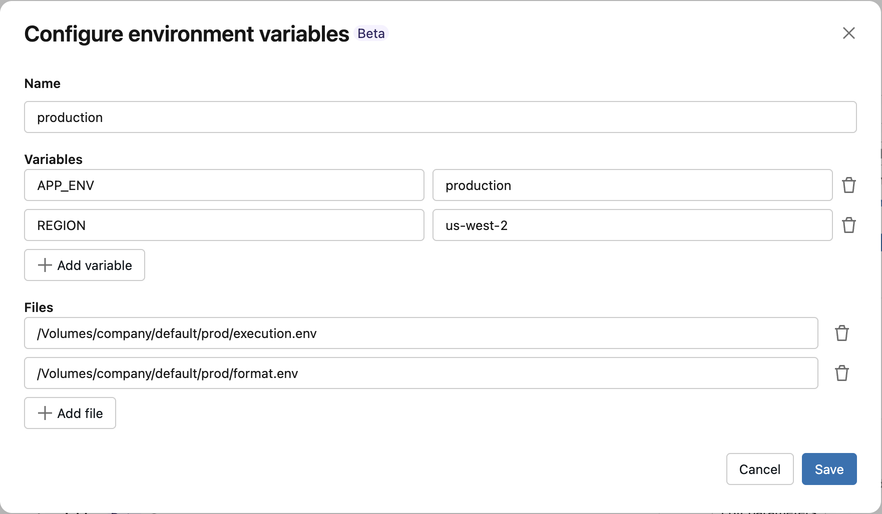 Show environment variables modal