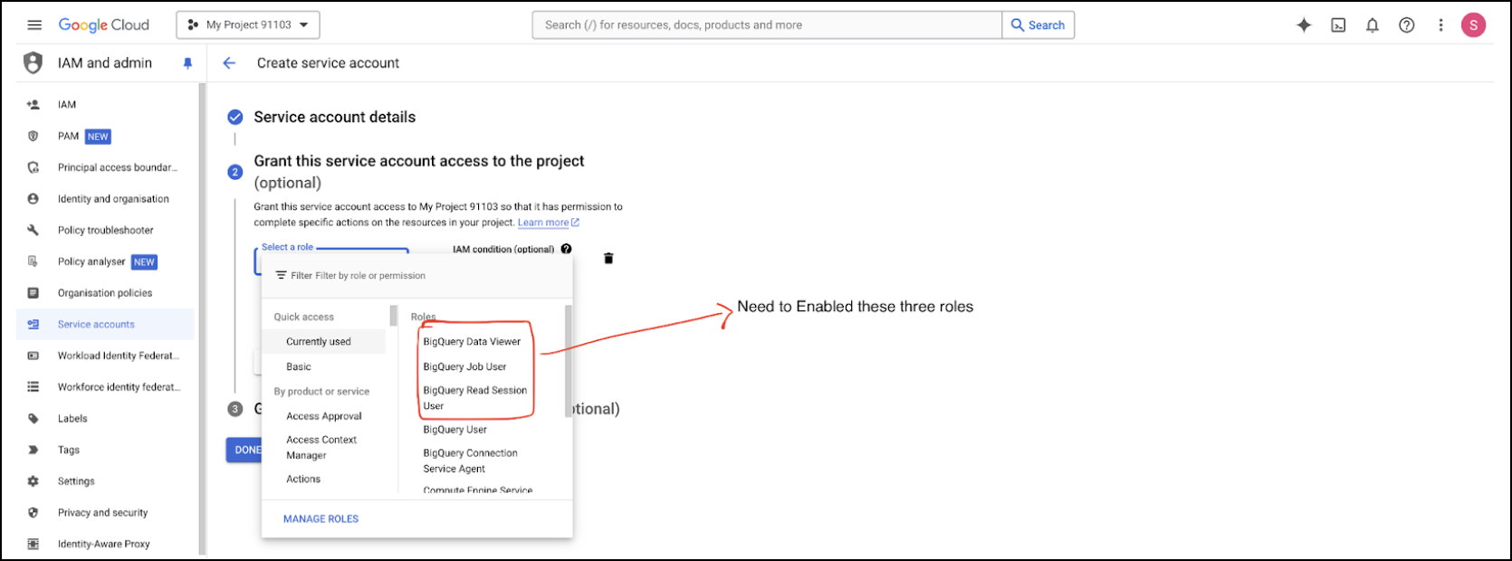 Grant service account access to BigQuery project
