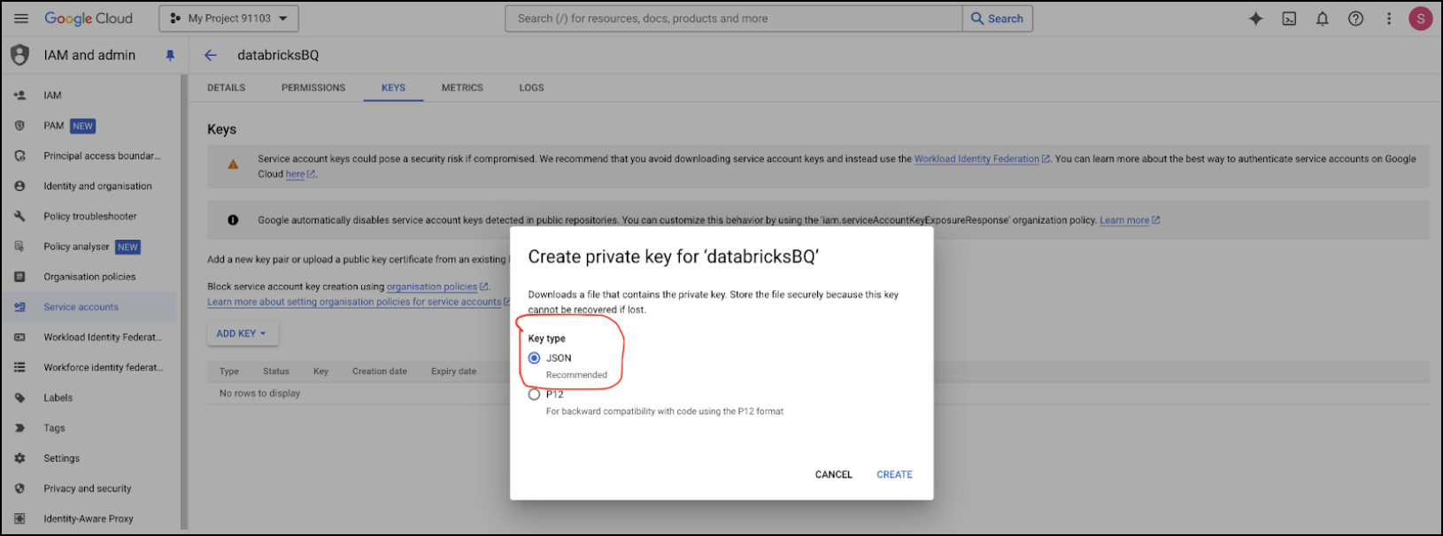 Download service account JSON key