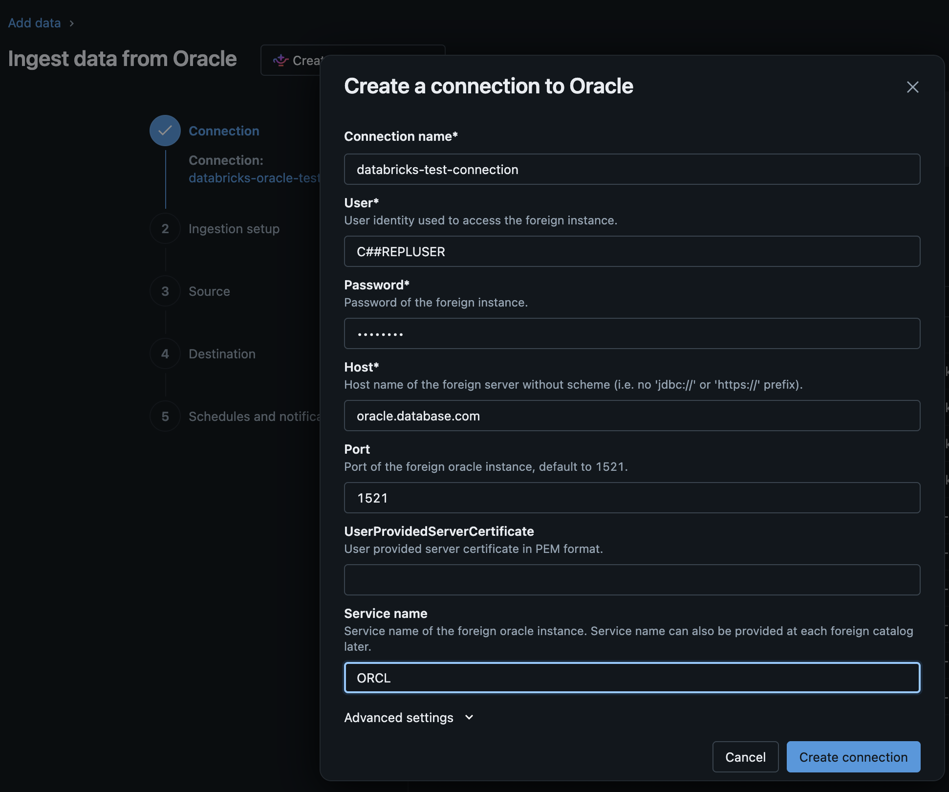 Create connection form