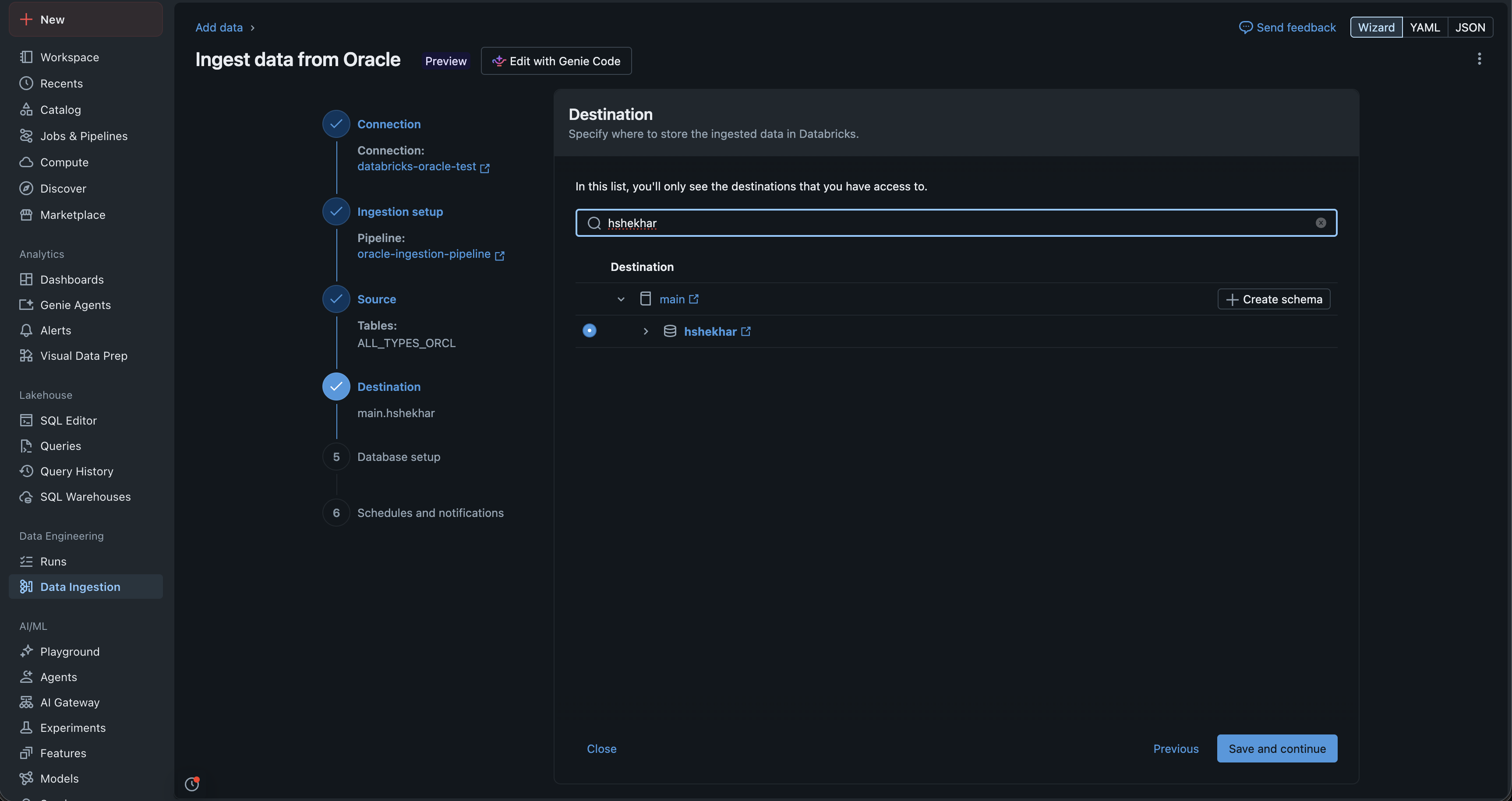 Select destination schema