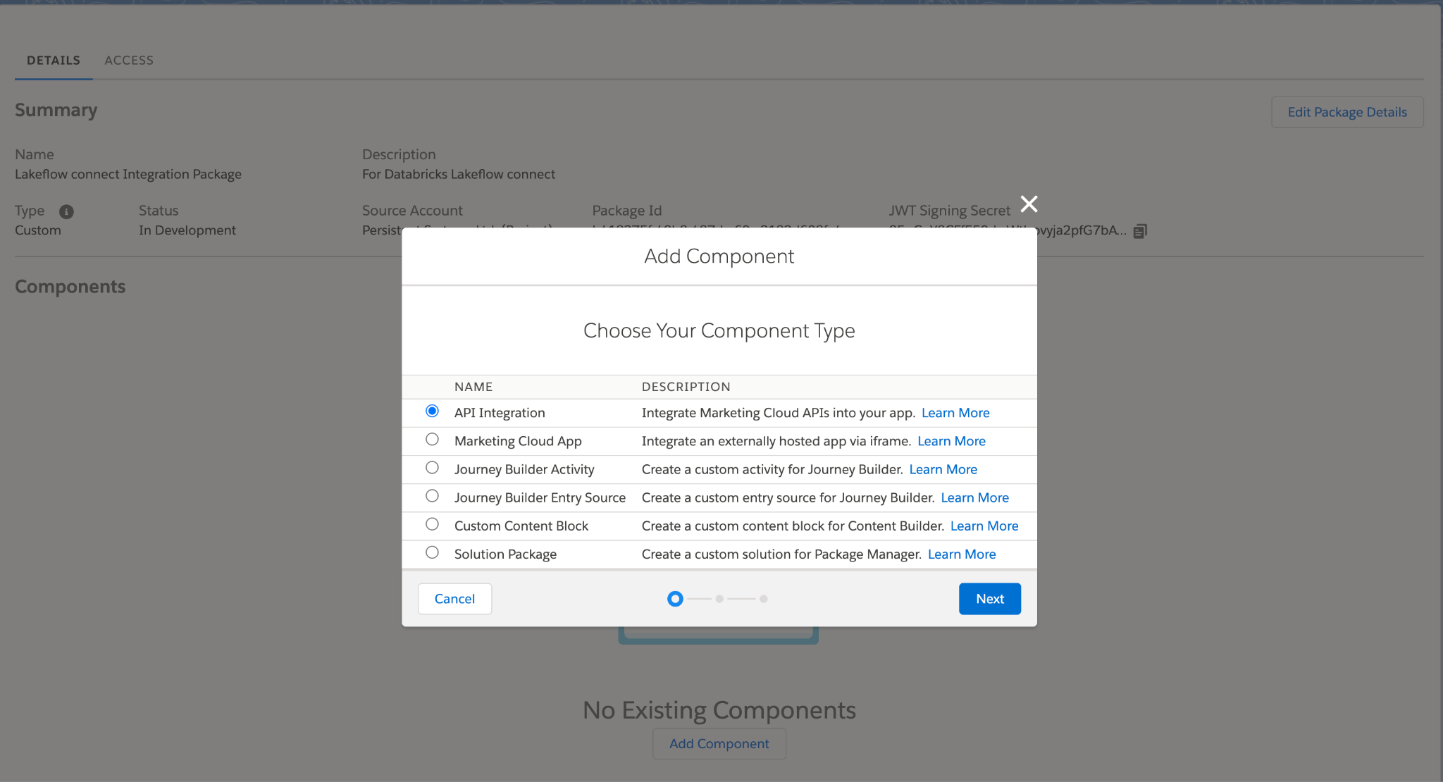 Choose Your Component Type dialog with API Integration selected