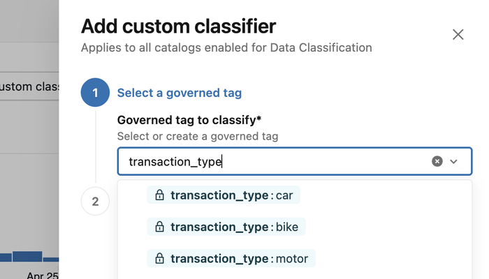 Create custom classifier wizard step 1: select a governed tag.