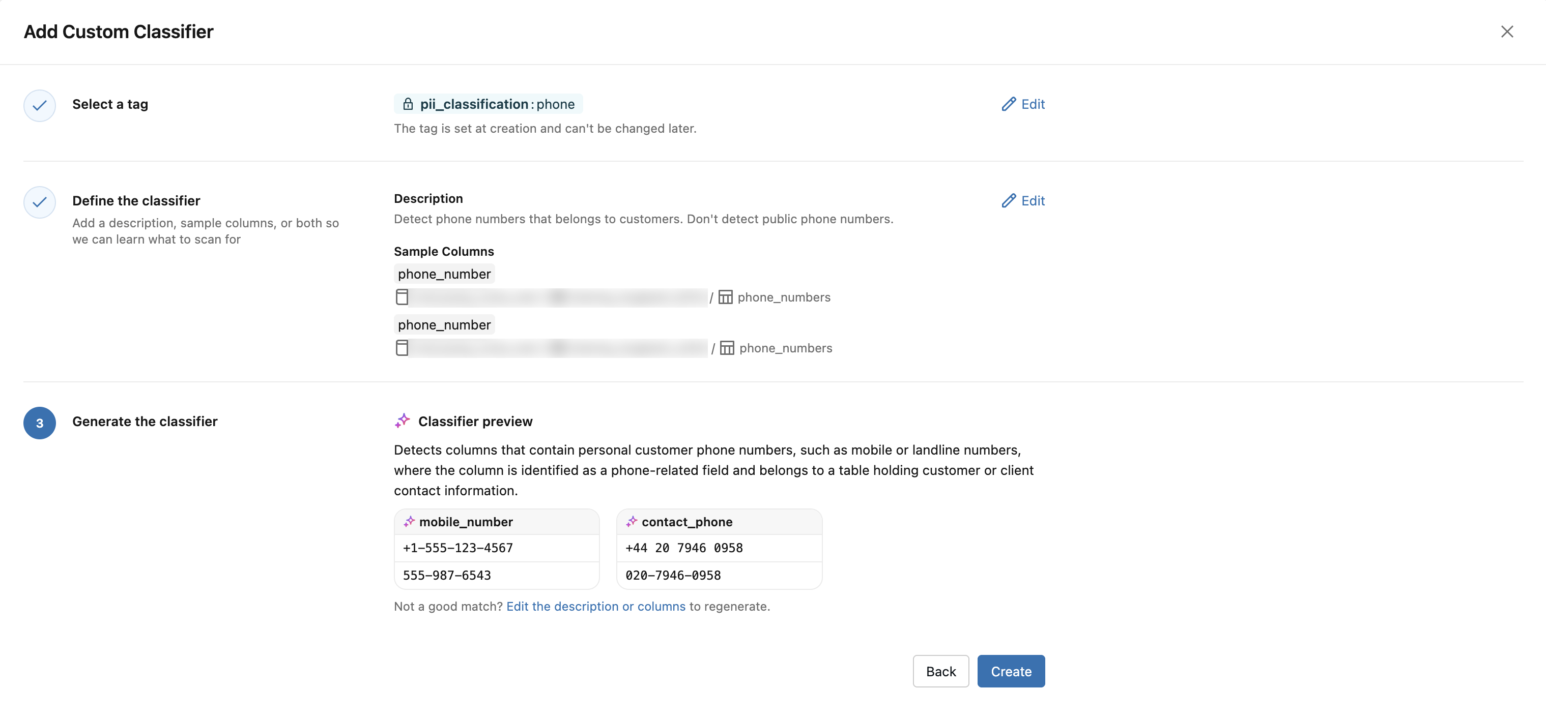 The Generate the classifier step of the Add custom classifier wizard, showing the generated Classifier preview with a plain-language summary and sample column cards that list column names and sample values.