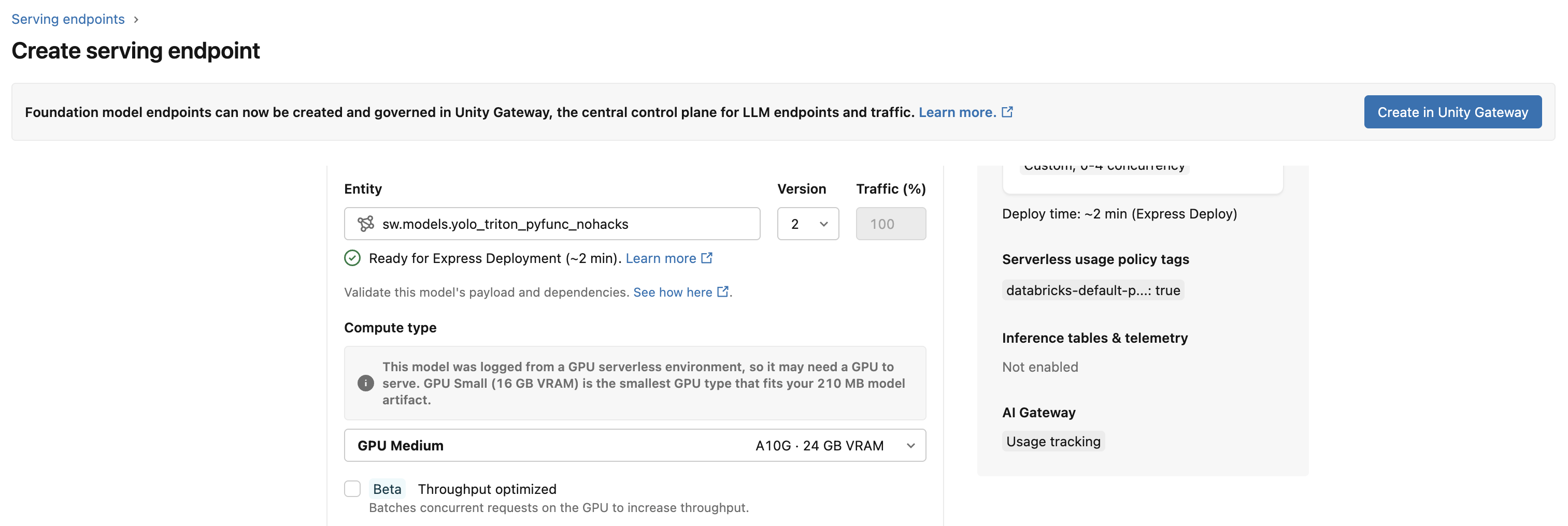 Throughput optimized checkbox on the Create serving endpoint form