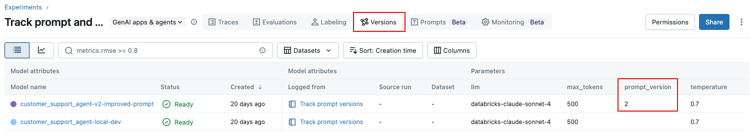Versions tab of experiment with prompt version.