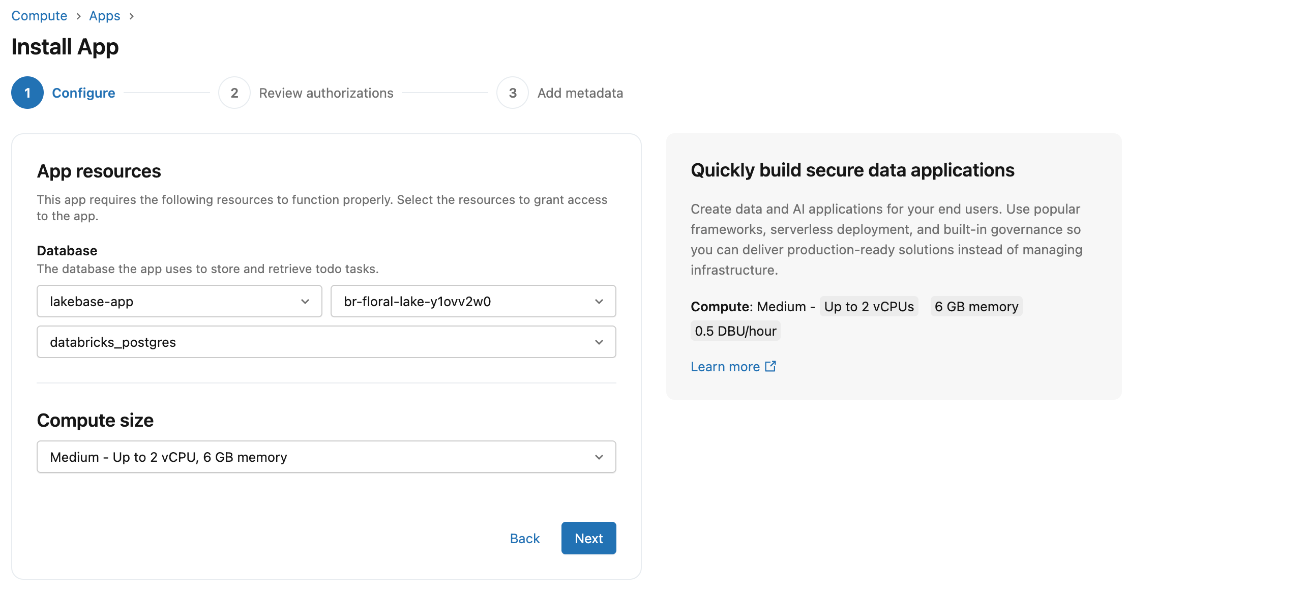 Database resource configuration showing project, branch, and database selection
