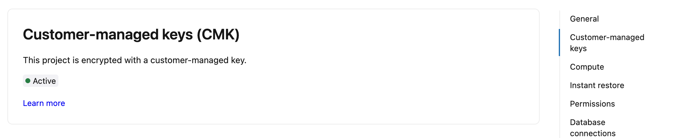 Customer-managed keys status card showing Active status