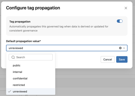 The Configure tag propagation dialog with the Tag propagation toggle on and the Default propagation value dropdown open, showing the tag's allowed values.