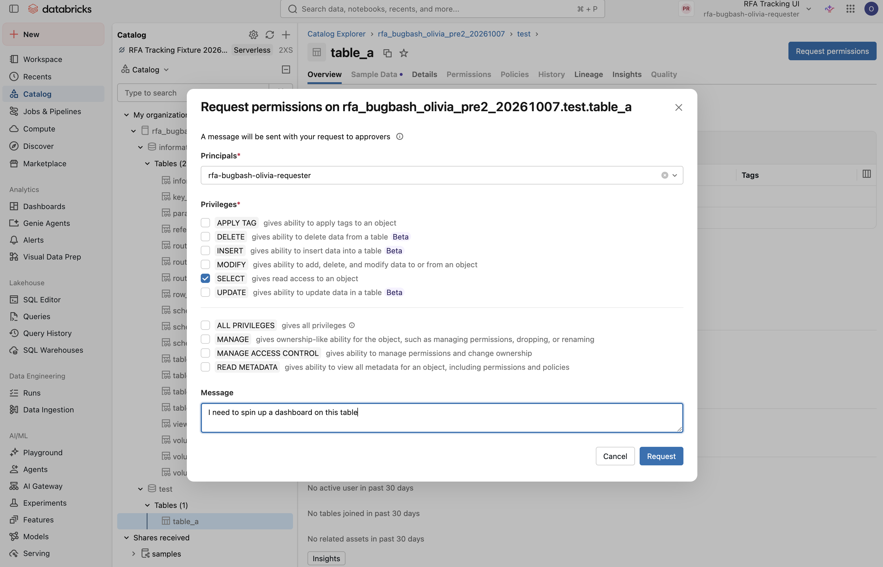 Request permissions dialog in Catalog Explorer with the principal, privileges, and message.
