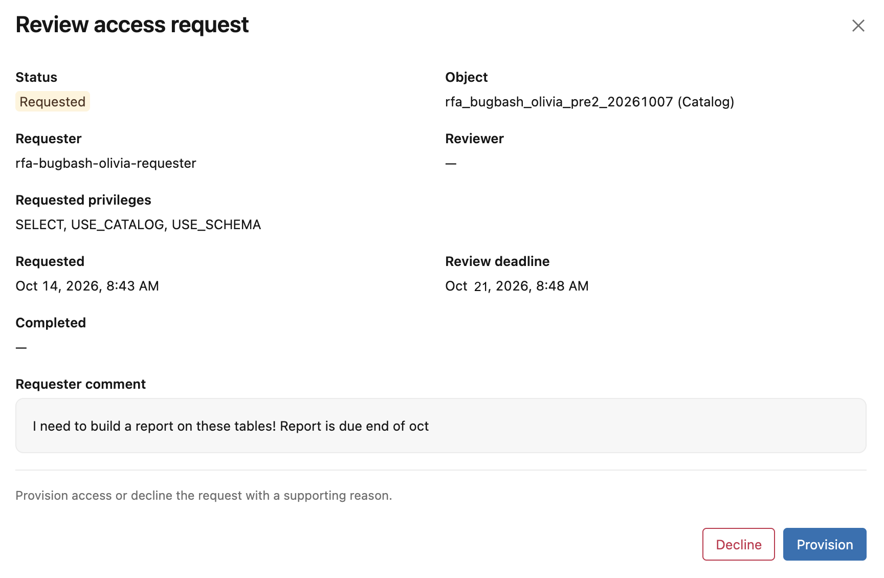 Review access request summary with request details and Decline and Provision buttons.