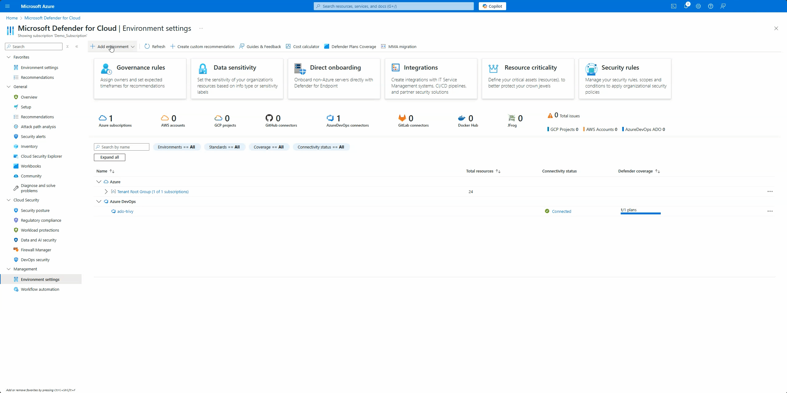 Diagram showing an animated walkthrough of the Defender for Cloud connector setup that enables agentless code scanning for Azure DevOps and GitHub.