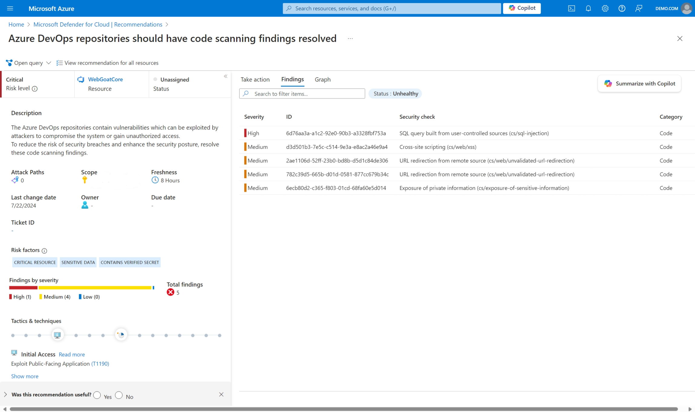 Screenshot of recommendation Azure DevOps repositories should have code scanning findings resolved.