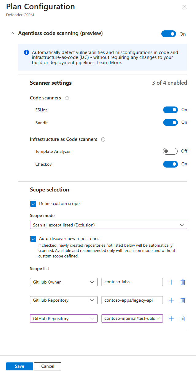 Screenshot of agentless code scanning settings that shows scanner toggles and custom scope options for organizations, projects, and repositories.