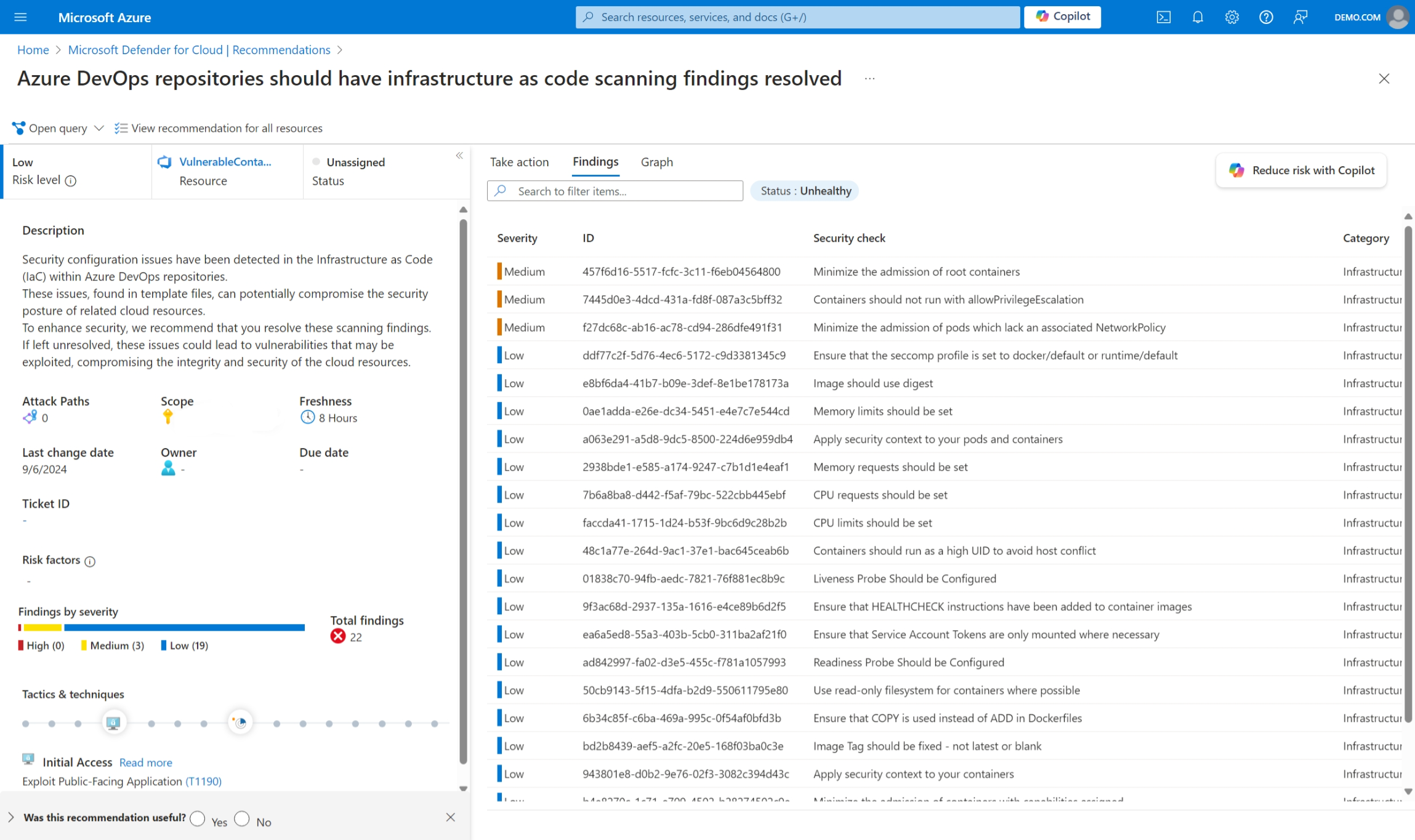 Screenshot of recommendation Azure DevOps repositories should have infrastructure as code scanning findings resolved.