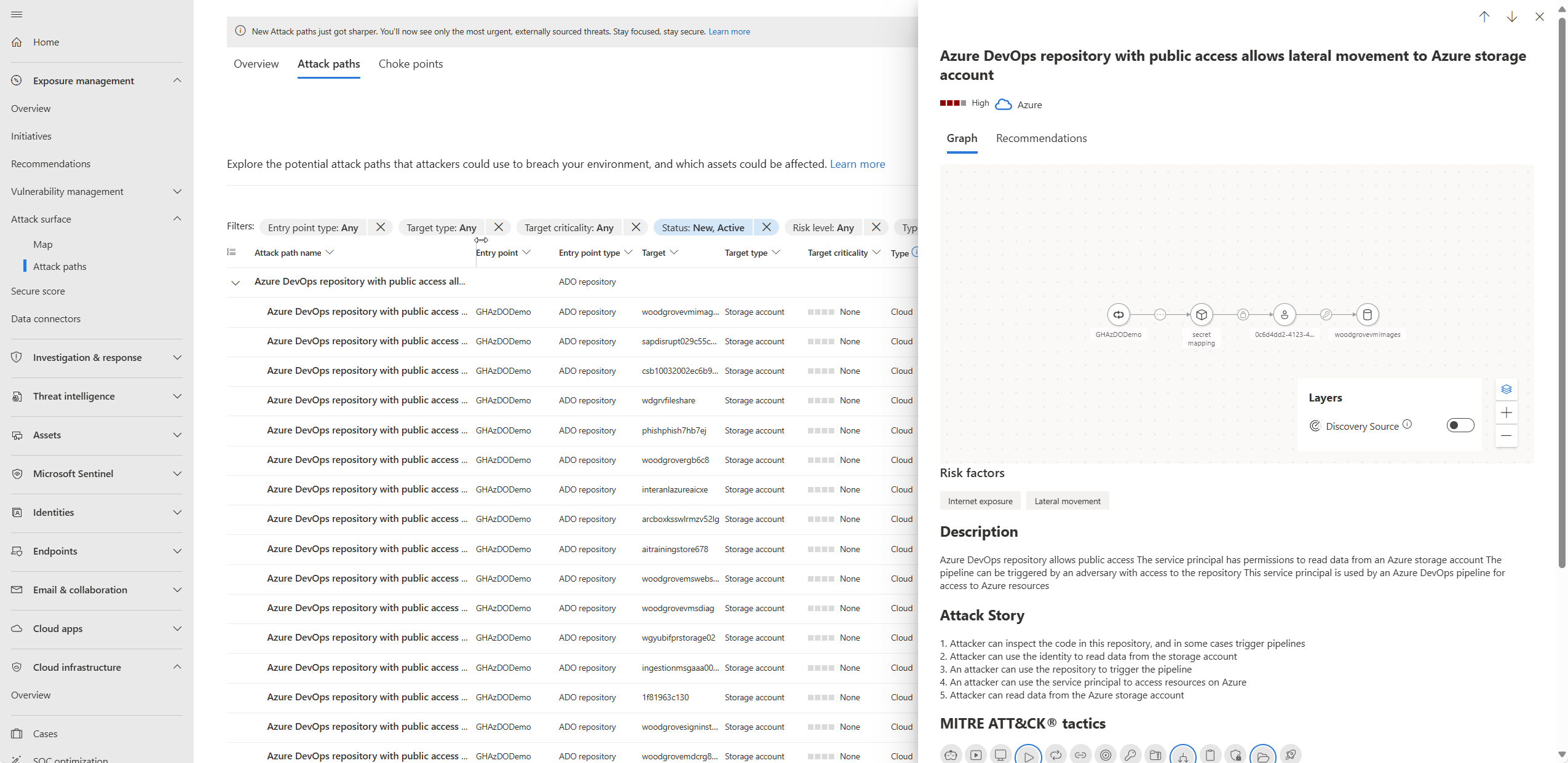 Screenshot of the attack path screen in the Defender portal showing node selection.